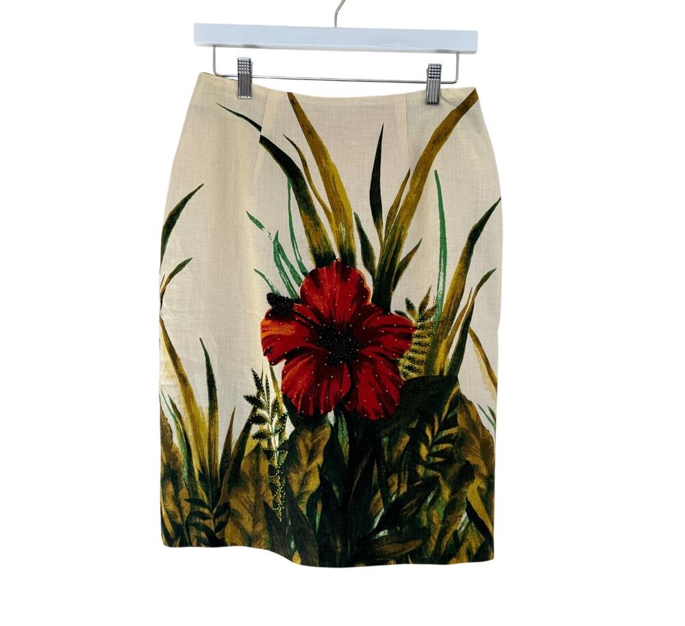 Silk Club Collection Linen Floral Pencil Skirt Size 6 Beaded Tropical Print